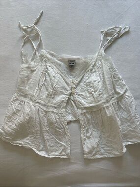 White Lace-Trim Tie Strap Button Front Top - LUXX